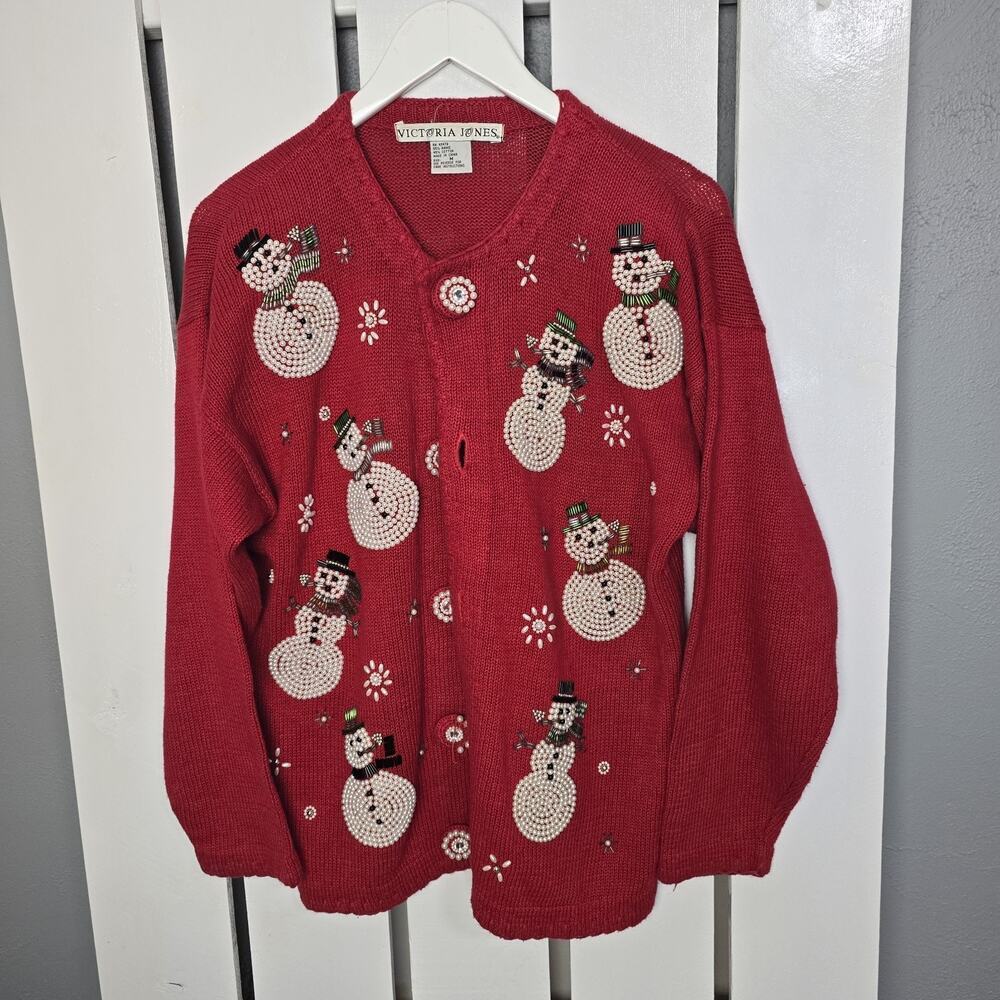 Victoria‎ Jones VTG Christmas Knit Cardigan Medium Red Beaded Pearls Snowman